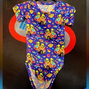 Lisa Frank Blue Alien and Car Print Bodysuit